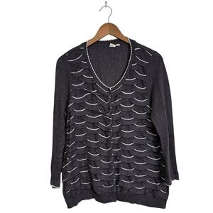 Anthropologie XL Yellow Bird Winter Waves Scalloped Gray White Trim Cardigan